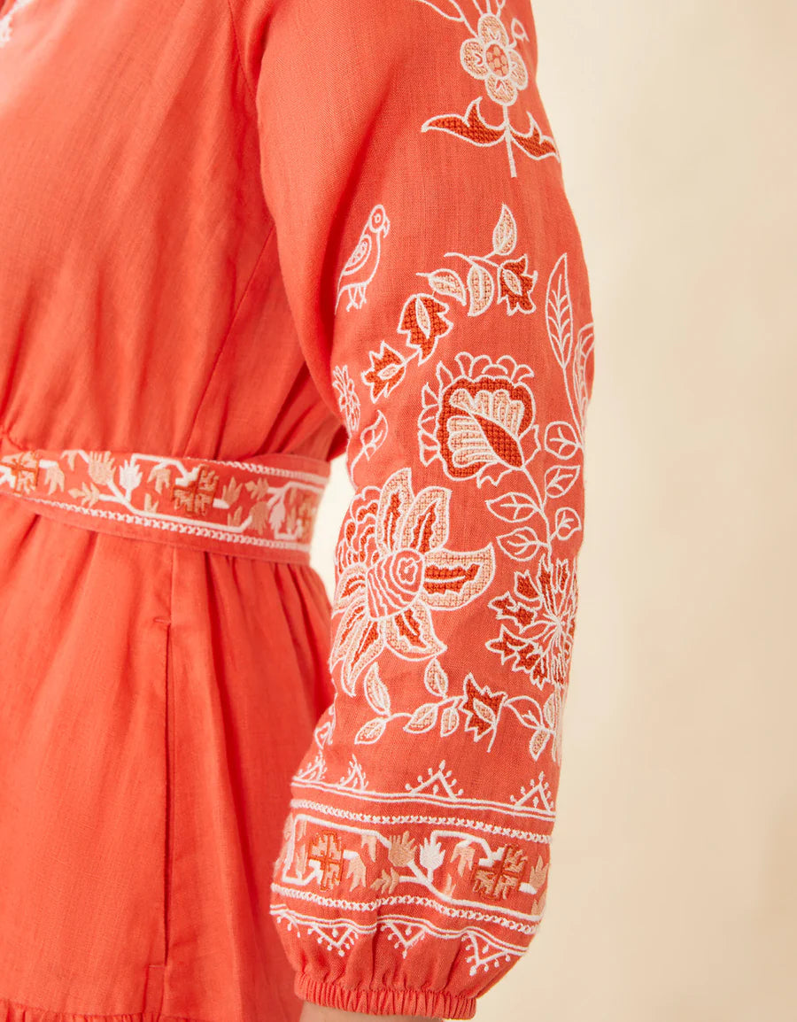 Sunita Linen Dress-Coral