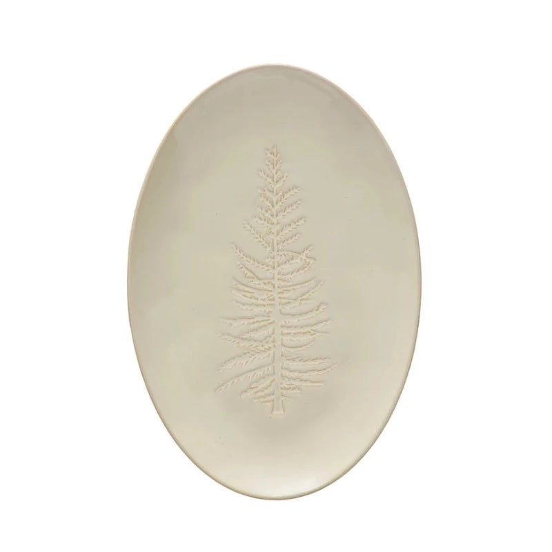 White Oval Stoneware Tree Platter
