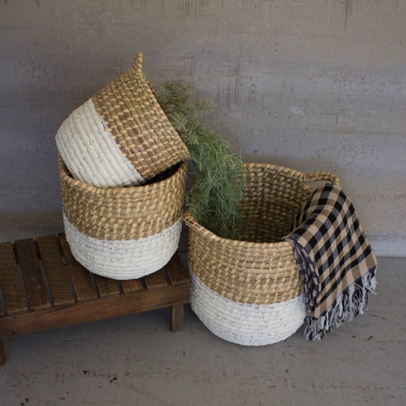 White Dipped Round Seagrass Basket (3 Sizes)