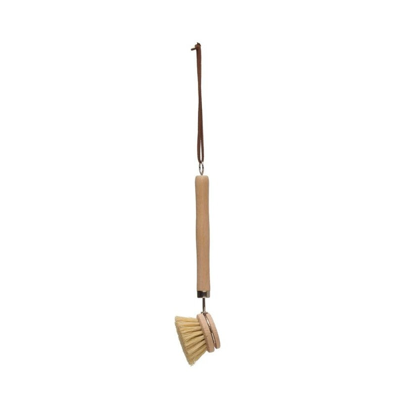9" Beech Wood Dish Brush with Leather Tie