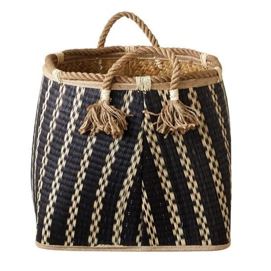 Black & Natural Wicker Basket with Handle (2 Sizes)