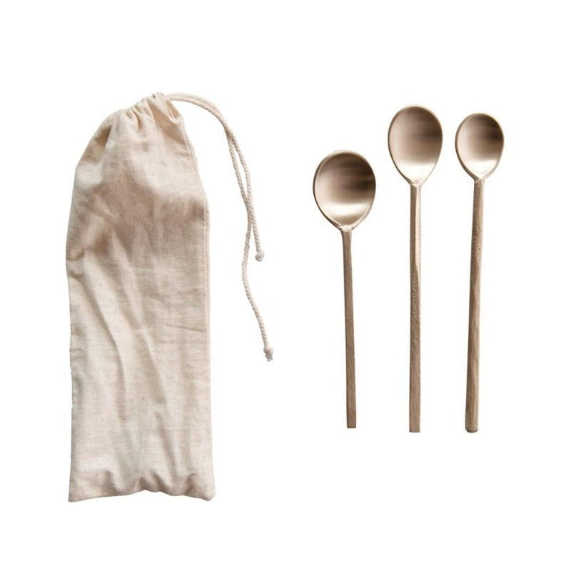 Set of 3 Brass Spoons in Drawstring Bag