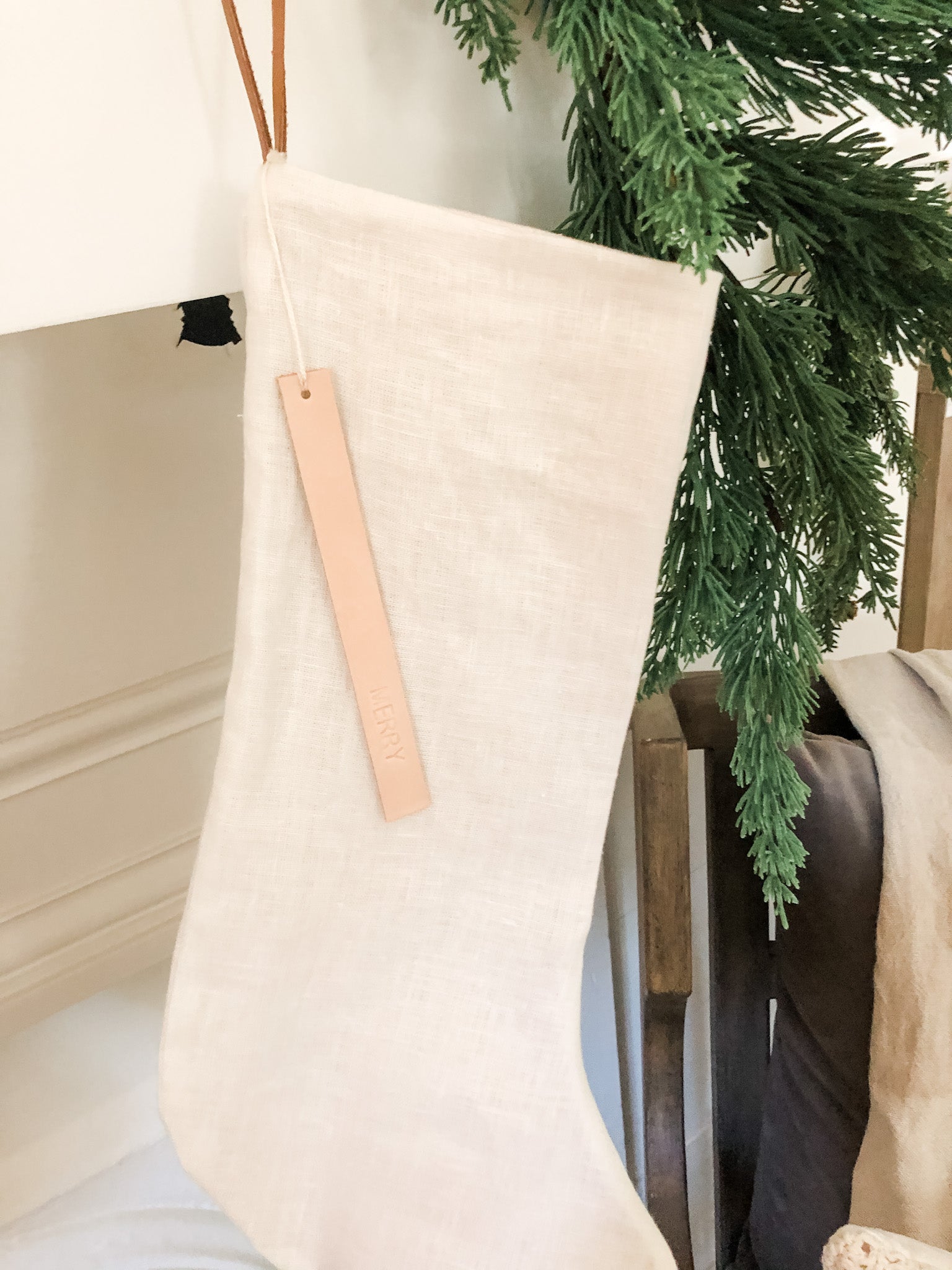 Linen Stocking with Leather Holiday Sentiment Tag (4 Styles)