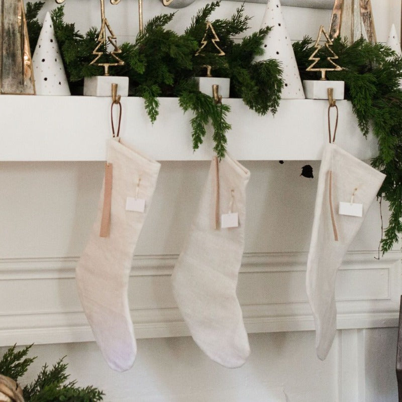 Linen Stocking with Leather Holiday Sentiment Tag (4 Styles)
