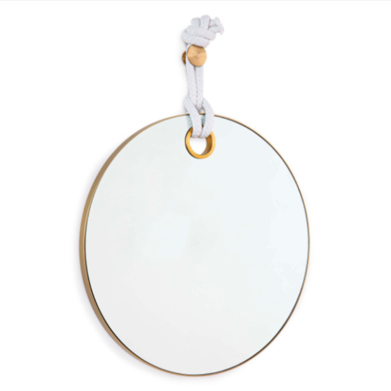 Round Brass Mirror with White Hanging Rope  33"H x 24" W x 1"D