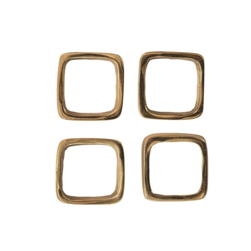 Set of 4 Square Metal Brass Finish Napkin Rings on a Leather Tie