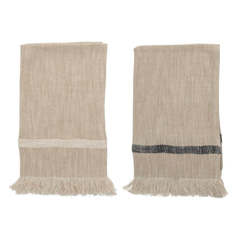 Woven Natural Striped Tea Towels with Fringe (Set of 2)