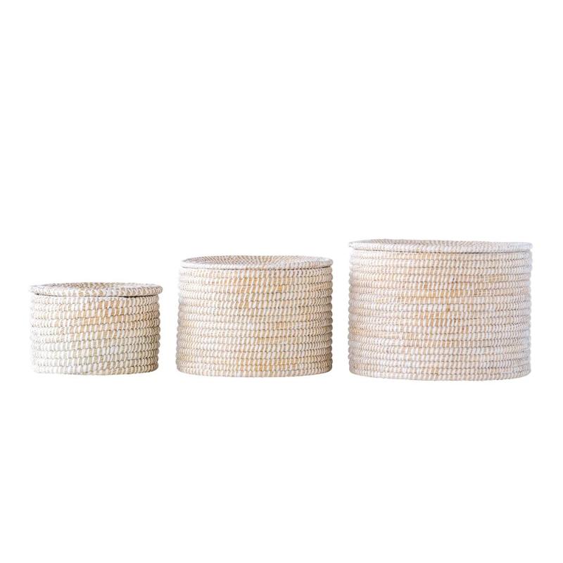 Whitewashed Round Seagrass Baskets with Lid