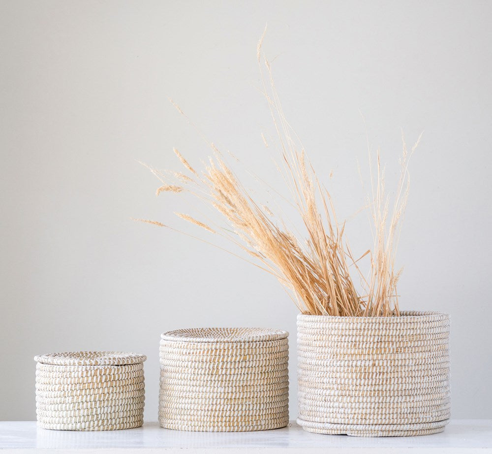 Whitewashed Round Seagrass Baskets with Lid