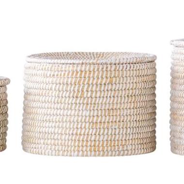 Whitewashed Round Seagrass Baskets with Lid
