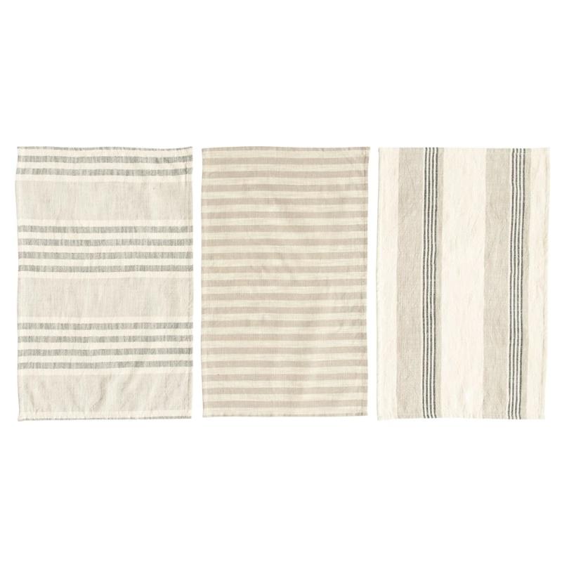 Set of 3 Cotton Striped Tea Towels- Taupe/Black/Cream- 28Lx18W