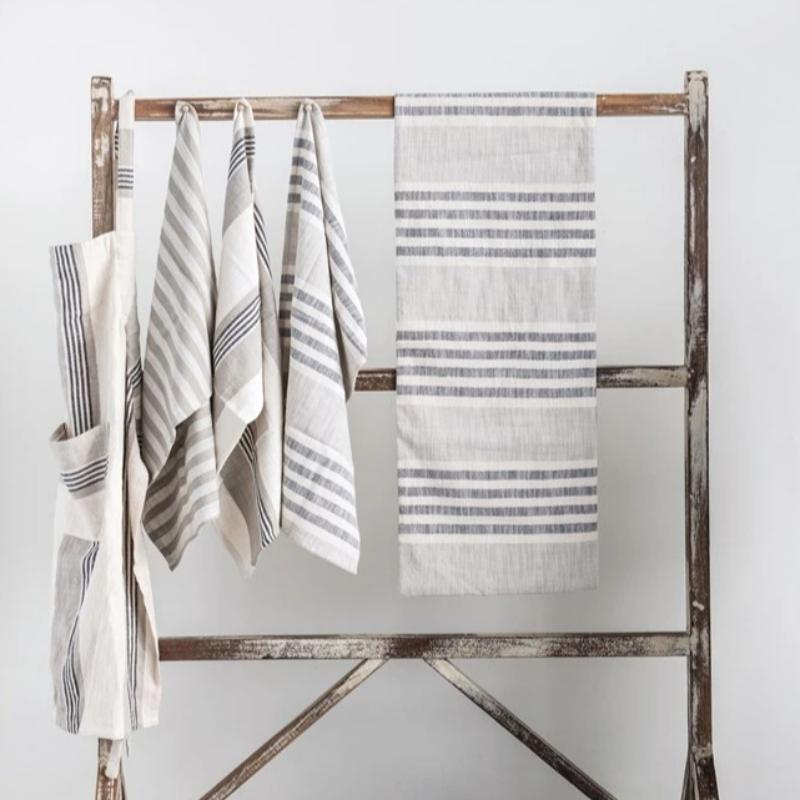 Set of 3 Cotton Striped Tea Towels- Taupe/Black/Cream- 28Lx18W