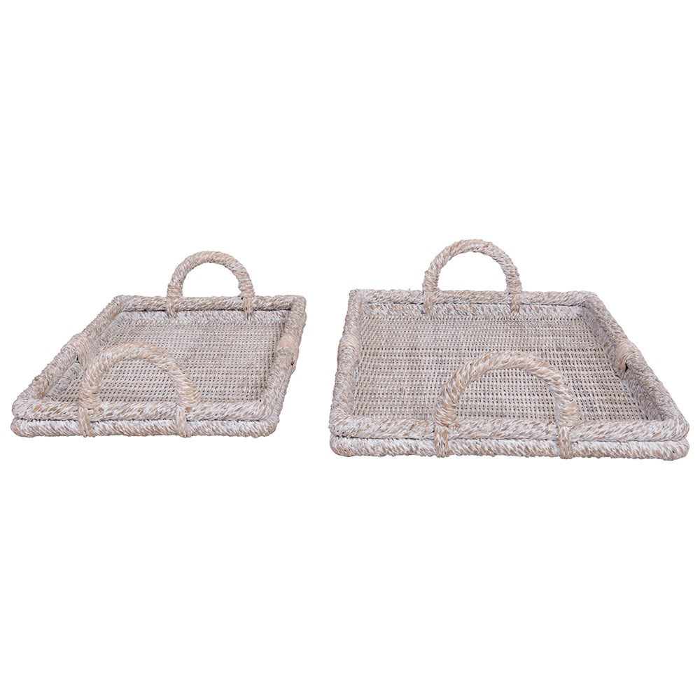 Whitewash Rattan Tray with Handles (2 Sizes)