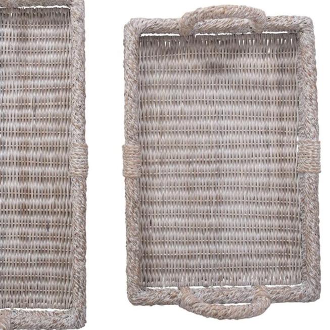 Whitewash Rattan Tray with Handles (2 Sizes)