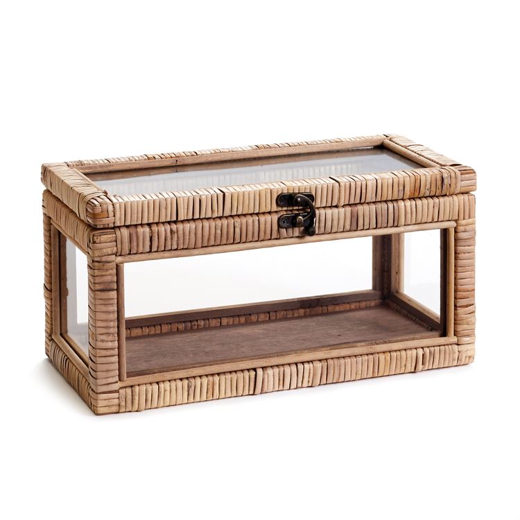 Rattan and Glass Artifact Box with Lid- 15 x 7 x 7.25