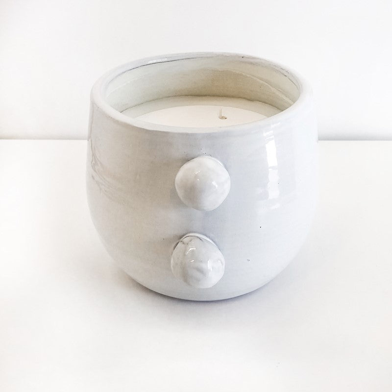 50 oz. White Handle Dot Candle- 9"x6"x5.75" ***Extra shipping charges will apply